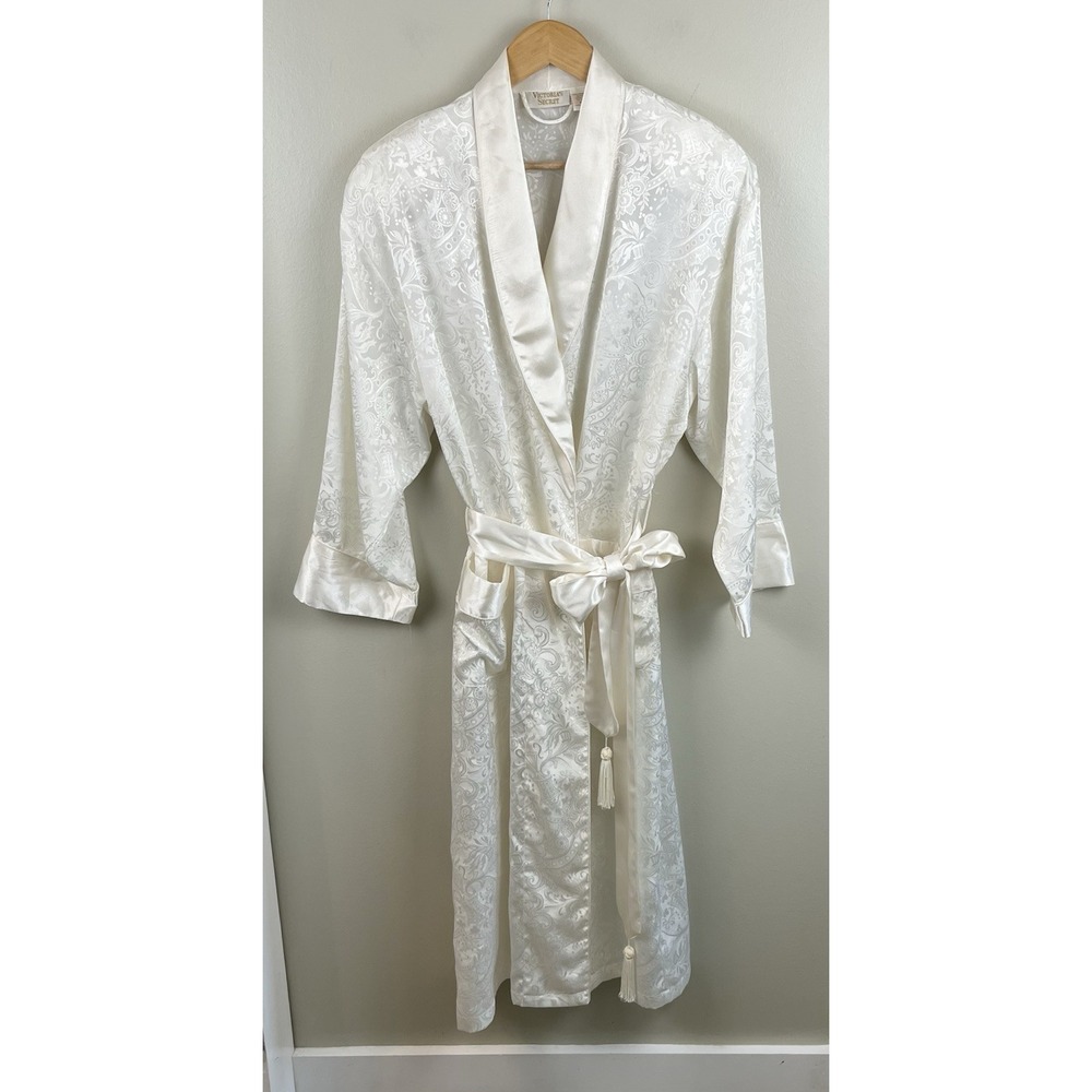 Victorias Secret Vtg Gold Label Ivory Satin Floral Jacquard Robe Sash Sz‎ Small
